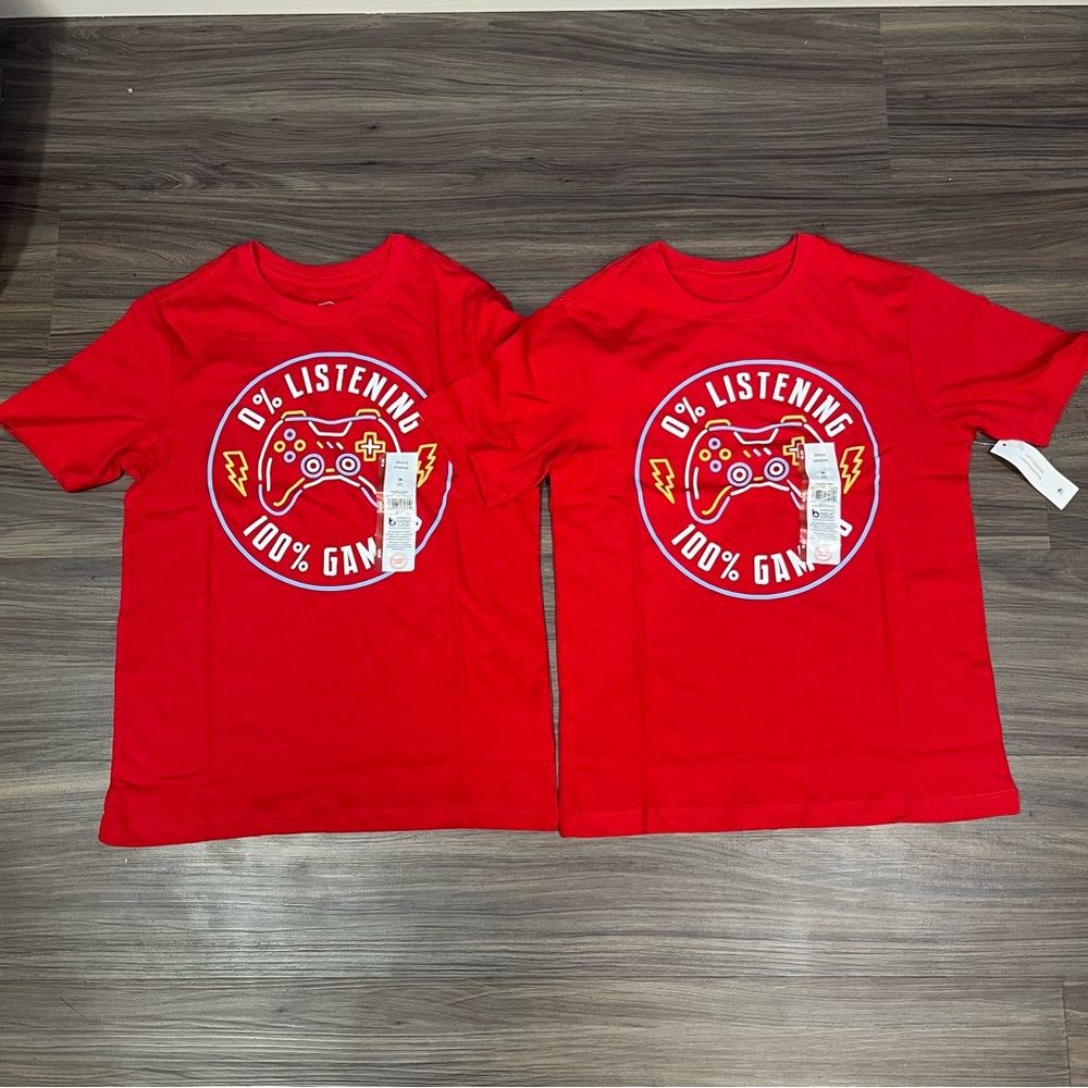 2 Kid's Red Wonder Nation 0% Listening 100% Gaming Shirts New Size Medium (8)